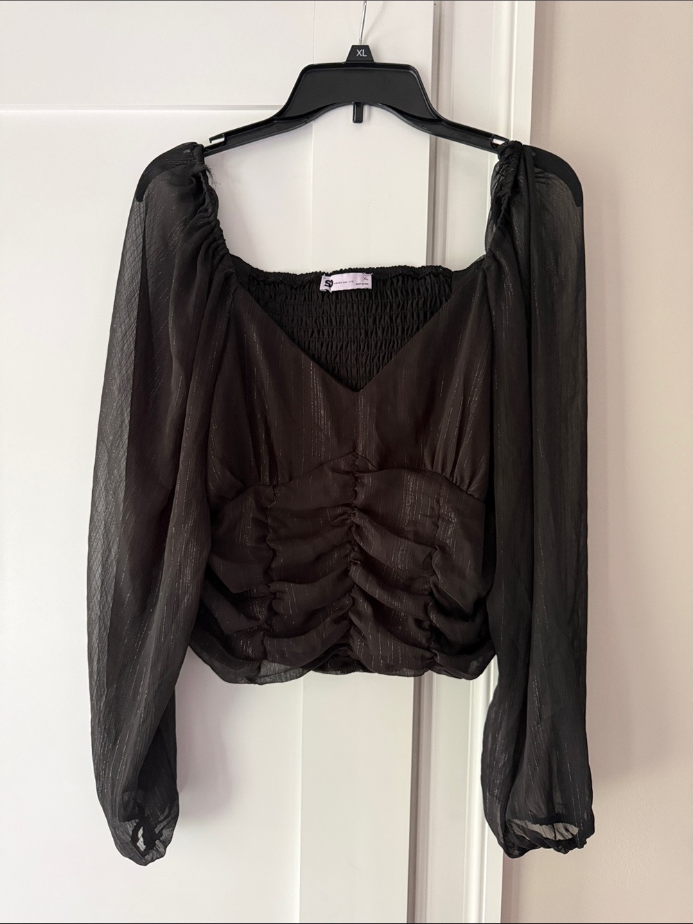 Black Sheer Ruched Long-Sleeve Women's Blouse